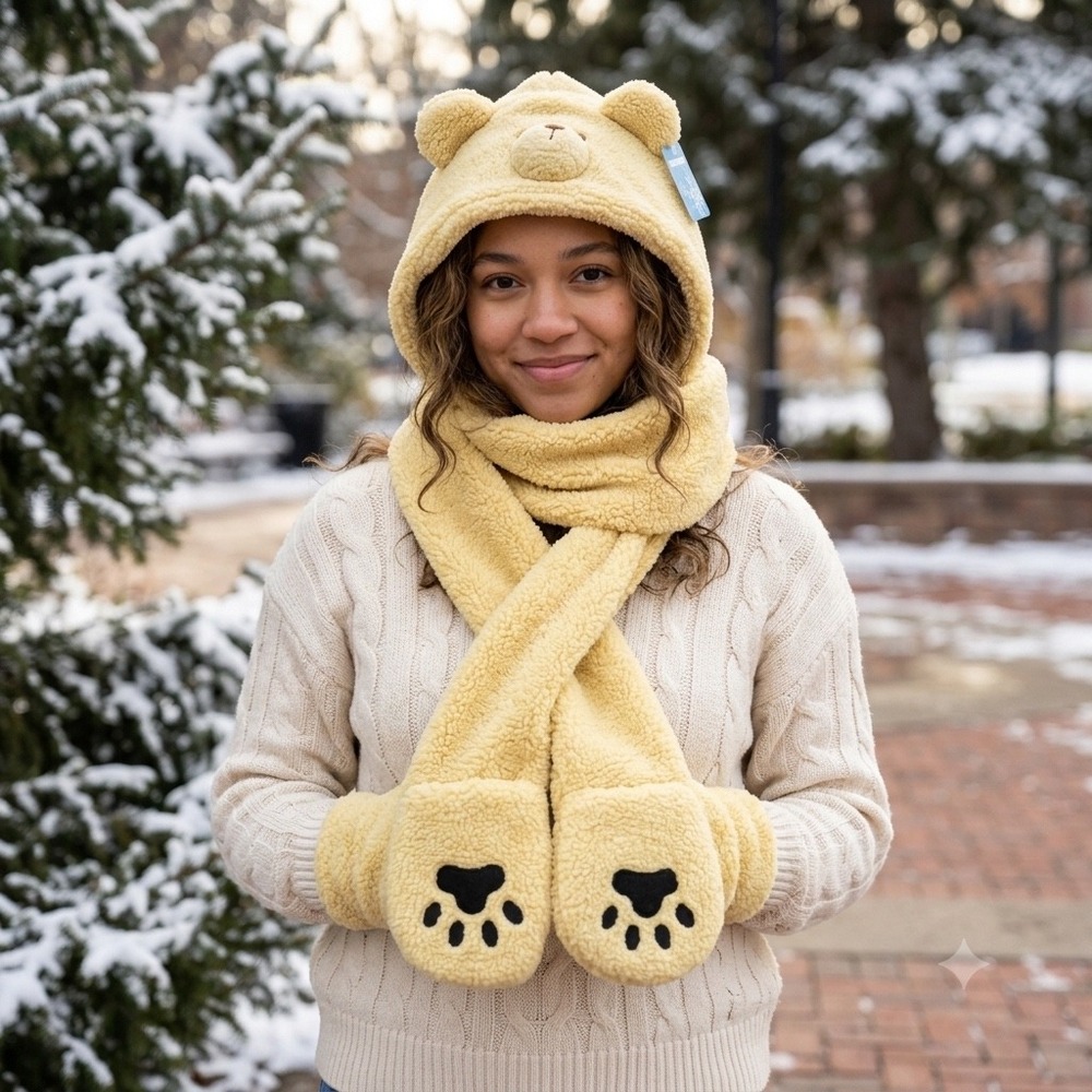 Everwinter 3-in-1 Bear Hooded Scarf Mittens Paws‎ Plush Sherpa Fleece NWT